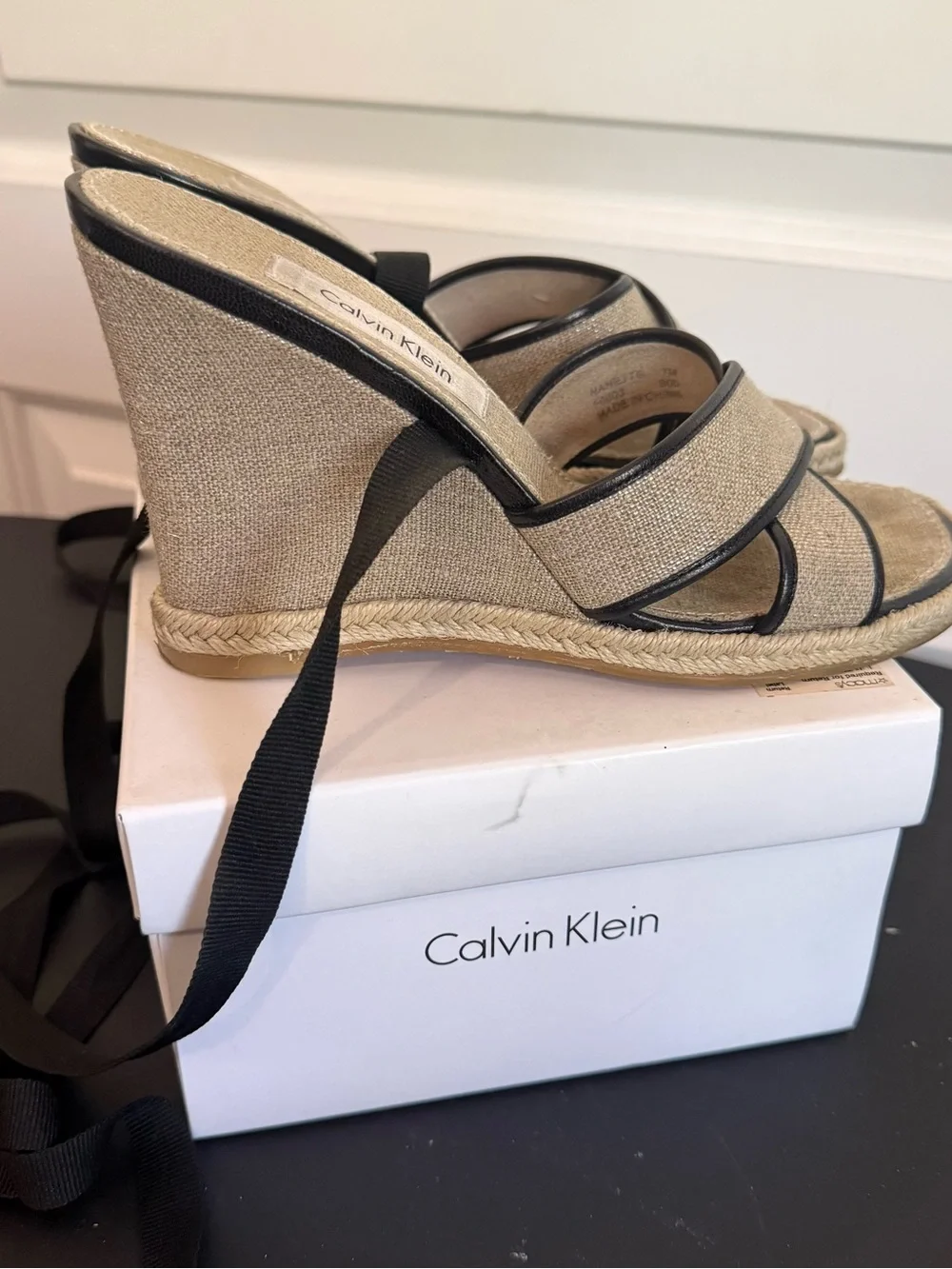 Calvin Klein Natural and Black Espadrille Slide Sandals